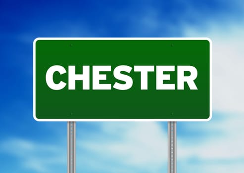 Green Chester, England highway sign on Cloud Background.