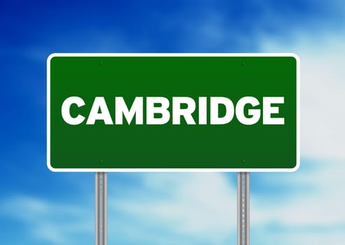 Green Cambridge, England highway sign on Cloud Background.