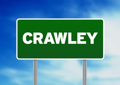 Green Crawley, England highway sign on Cloud Background.