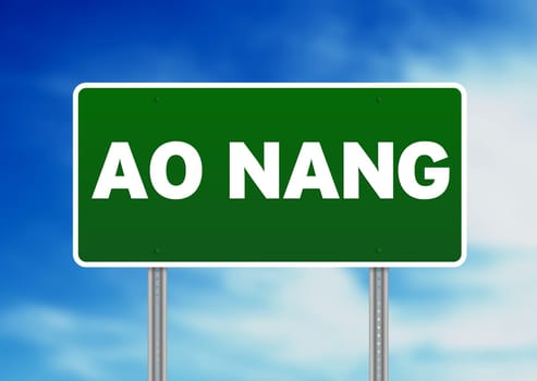 Green Ao Nang, Thailand road sign on Cloud Background.