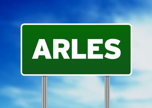 Green Arles, Provence-Alpes-Côte d'Azur, France highway sign on Cloud Background.