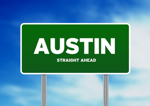 Green Austin, Texas highway sign on Cloud Background.