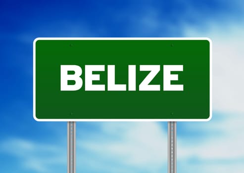 Green Belize highway sign on Cloud Background.