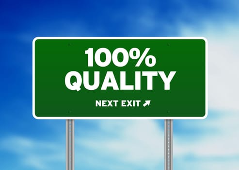 Green 100% Quality highway sign on Cloud Background.
