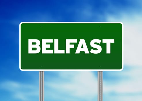 Green Belfast, England highway sign on Cloud Background.