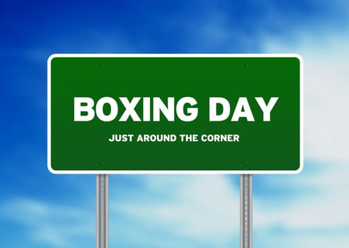 Green Boxing Day highway sign on Cloud Background.