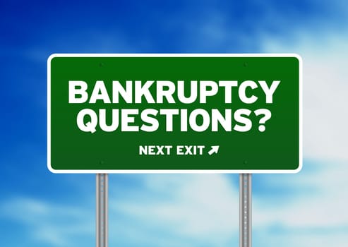 Green Bankruptcy Questions Road highway sign on Cloud Background.