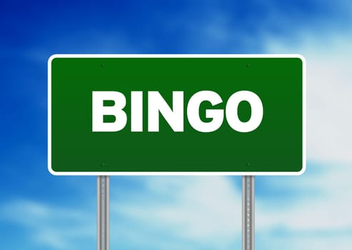 Green Bingo highway sign on Cloud Background.