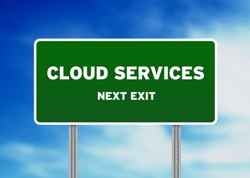 High resolution graphic of a cloud services road sign on cloud background.