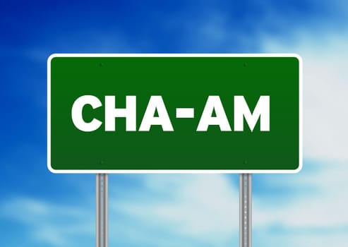 Green Cha-Am, Thailand road sign on Cloud Background.