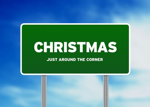 Green Christmas highway sign on Cloud Background.