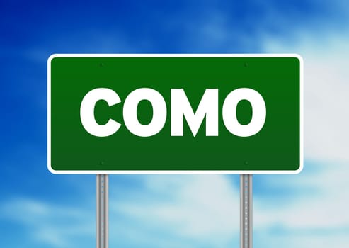 Green Como, Italy road sign on Cloud Background.