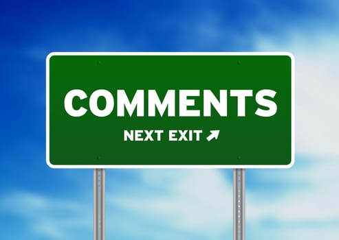 Green comments road sign on Cloud Background.