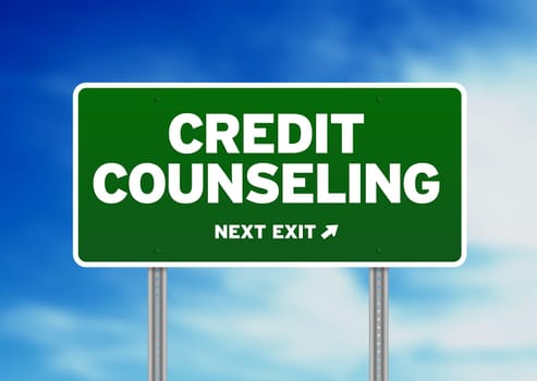 Green Credit Counseling highway sign on Cloud Background.