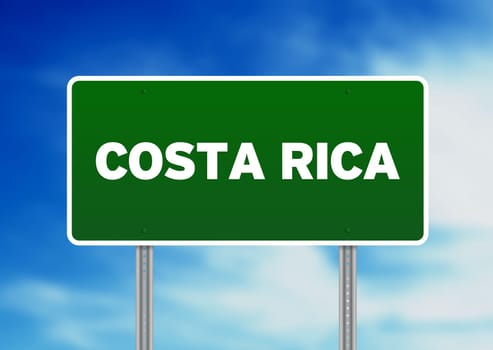 Green Costa Rica highway sign on Cloud Background.