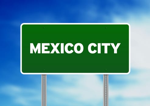 Green Mexico City highway sign on Cloud Background.