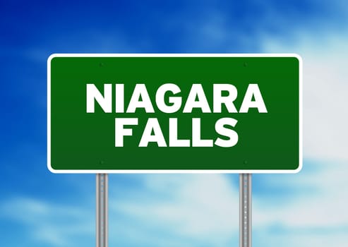 Green Niagara Falls highway sign on Cloud Background.