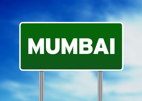 Green Mumbai highway sign on Cloud Background.