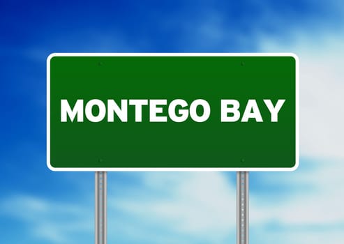 Green Montego Bay highway sign on Cloud Background.