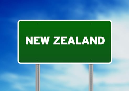 Green New Zealand highway sign on Cloud Background.