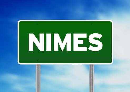 Green Nimes, France highway sign on Cloud Background.