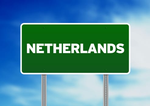 Green Netherlands highway sign on Cloud Background.