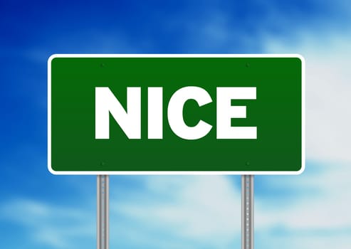 Green Nice, France highway sign on Cloud Background.