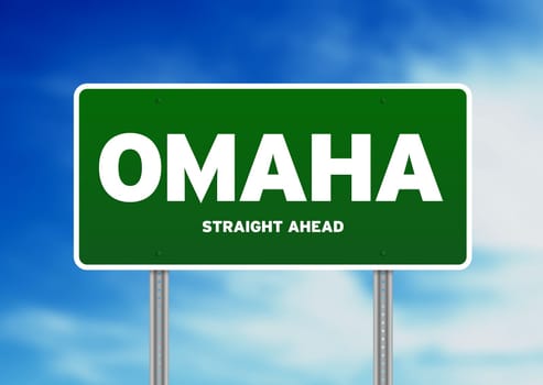 Green Omaha, Nebraska, USA highway sign on Cloud Background.