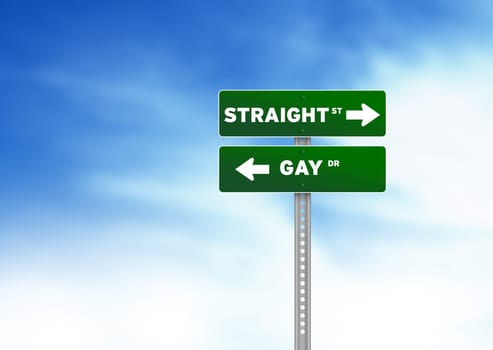 Green Straight and Gay Road Sign on Cloud Background