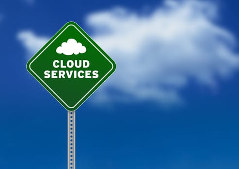 High resolution graphic of a green Road Sign on Cloud Background with the words cloud services