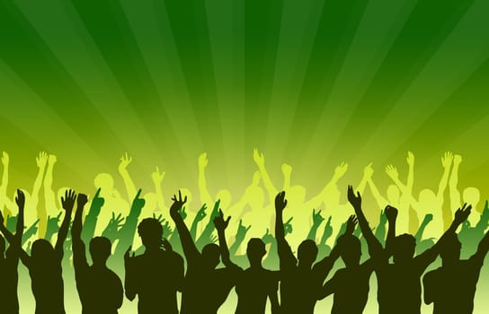 High resolution graphic of a large crowd cheering and dancing.