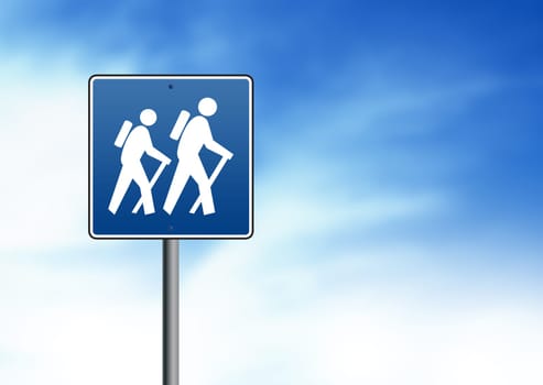 Blue Hiking Road Sign on cloud background.