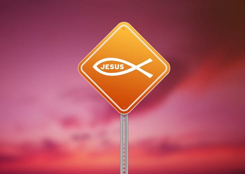 High resolution graphic of a orange Religious Road Sign on Cloud Background.