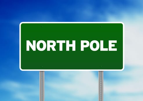 Green North Pole highway sign on Cloud Background.