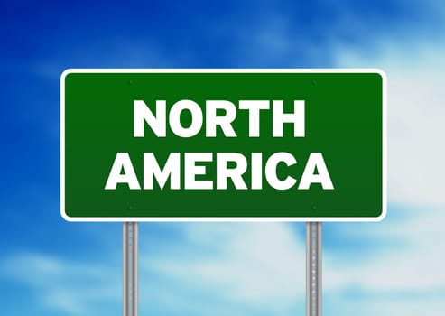 Green North America highway sign on Cloud Background.
