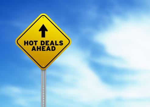 High resolution graphic of a yellow Hot Deals Ahead Road Sign on Cloud Background.