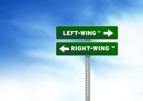 Green Left-Wing & Right-Wing Road Sign on Cloud Background