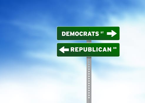 Green Democrats and Republican Road Sign on Cloud Background
