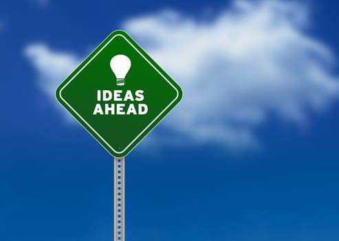 High resolution graphic of a green Ideas Ahead Road Sign on Cloud Background