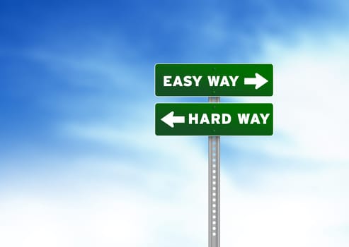 Green Easy Way and Hard Way Road Sign on Cloud Background