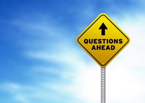 High resolution graphic of a yellow Answers Ahead Road Sign on Cloud Background.