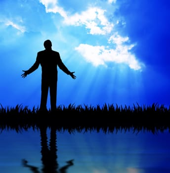 High resolution graphic of a man raising his arms looking up to heaven.