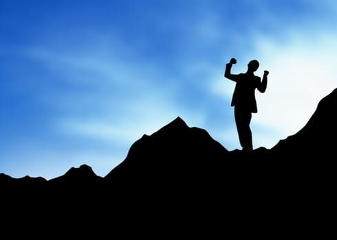 High resolution graphic of a man standing on top of a mountain.