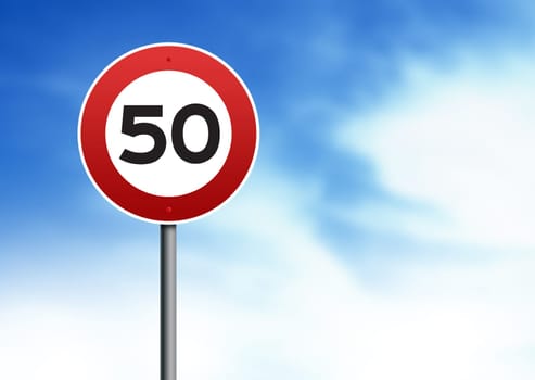 50kmh speed restriction road sign on cloud background.