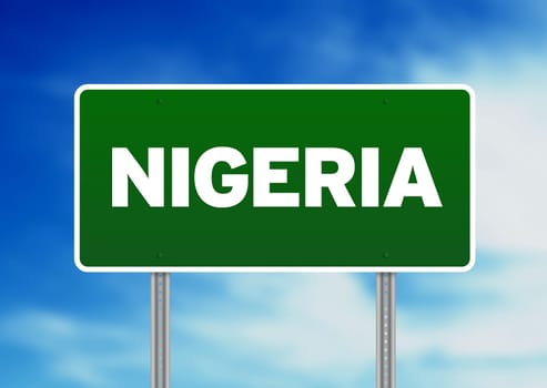 Green Nigeria highway sign on Cloud Background.
