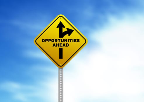 High resolution graphic of a yellow Opportunities Ahead Road Sign on Cloud Background.