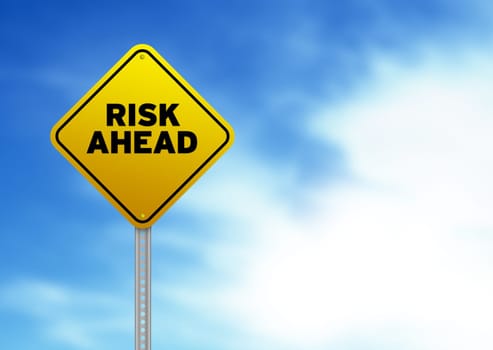 High resolution graphic of a yellow Risk Ahead Road Sign on Cloud Background.