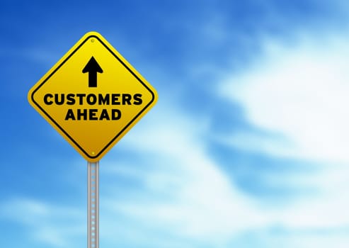 High resolution graphic of a yellow Customers Ahead Road Sign on Cloud Background.