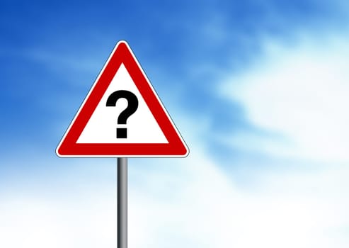 Question Mark road sign on cloud background.