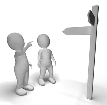 Signpost With 3d Characters Showing Travelling Or Guidance